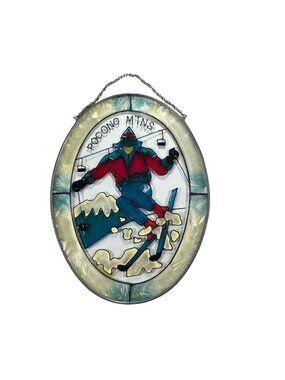 Pocono Mtns Stained Glass Hanging Oval Skiing Suncatcher Vtg JBD outdoor Sport
